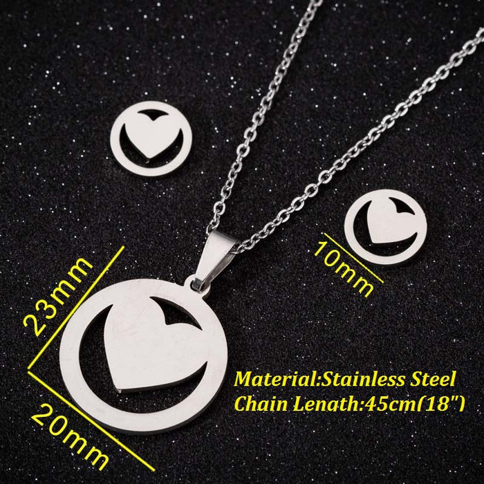 Round necklace set, stainless steel heart necklace earrings three-piece jewelry set wholesale