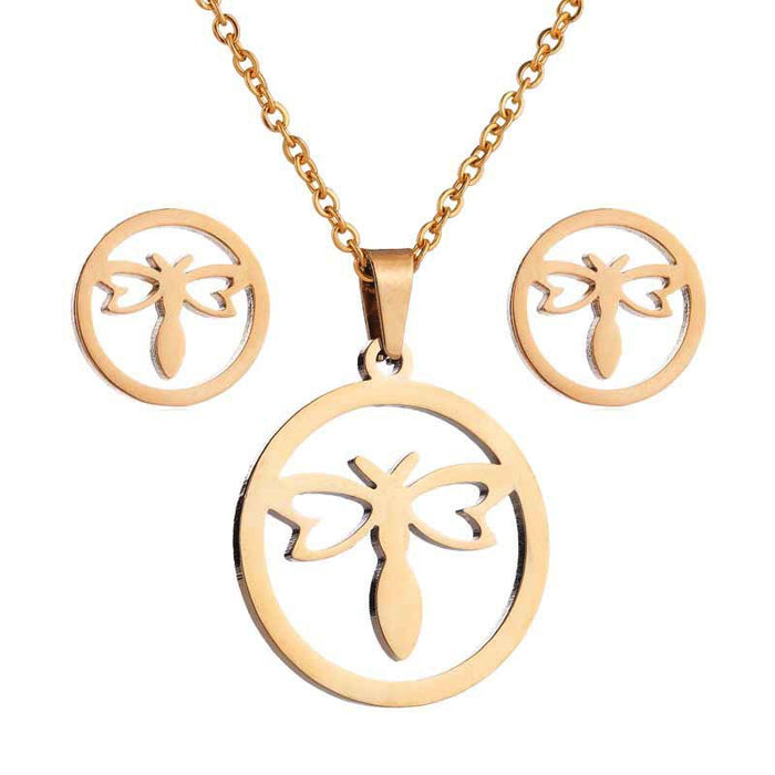 Butterfly necklace set, stainless steel round butterfly necklace earrings three-piece jewelry set wholesale