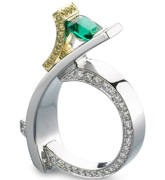 Princess square diamond ring with green crystal