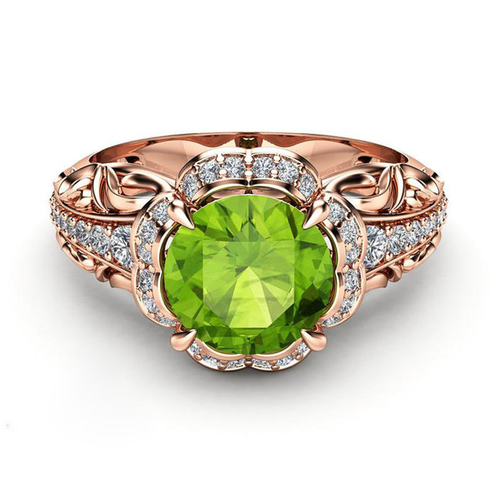 Anillo de flor de circonita verde con incrustaciones de cobre y oro rosa