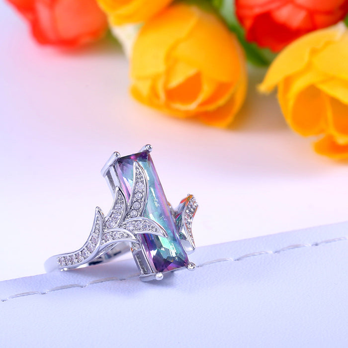 Colorful Topaz Square Diamond Ring Creative Colored Gem Ring