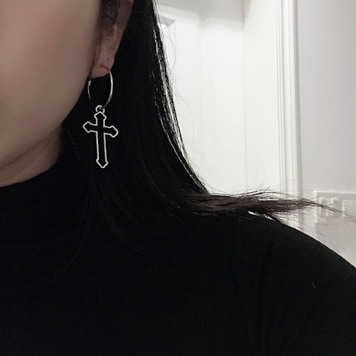 Dark style hollow cross S925 silver earrings personalized retro earrings