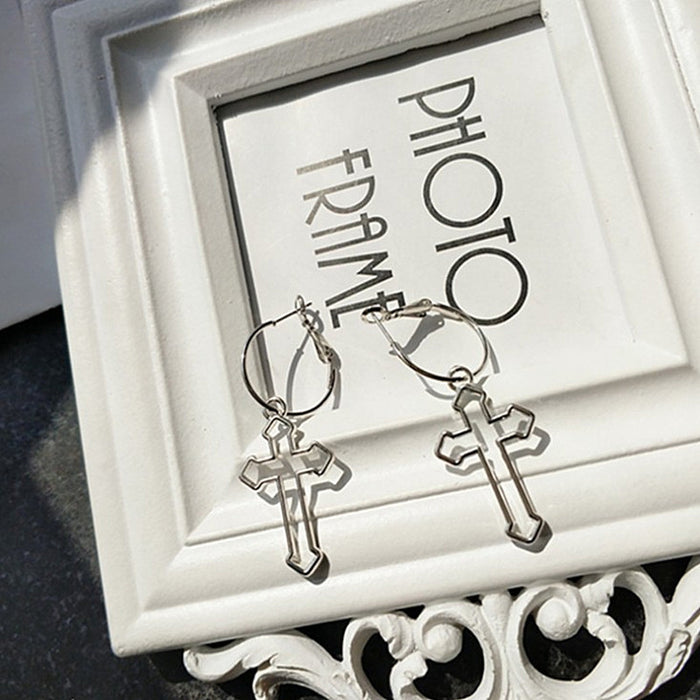 Dark style hollow cross S925 silver earrings personalized retro earrings