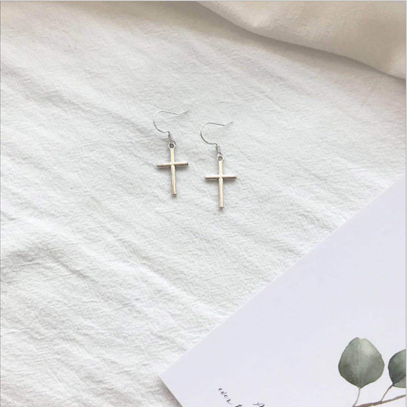Cross S925 silver earrings simple cool style earrings versatile design - wallojewerly 