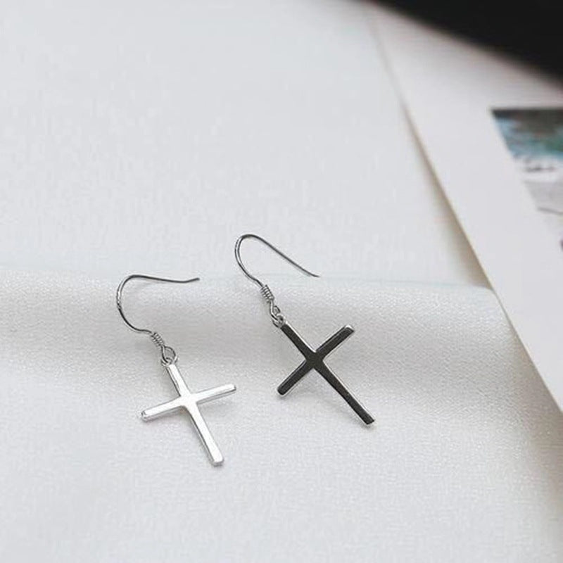 Cross S925 silver earrings simple cool style earrings versatile design - wallojewerly 