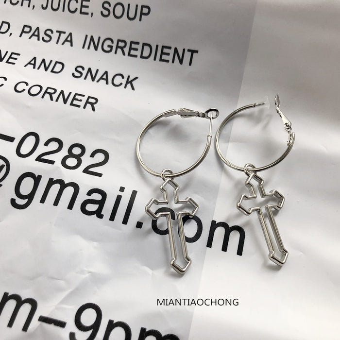 Dark style hollow cross S925 silver earrings personalized retro earrings