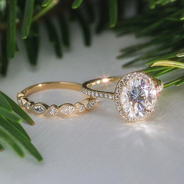 Gold Copper Simulated Diamond Zircon Wedding Rings