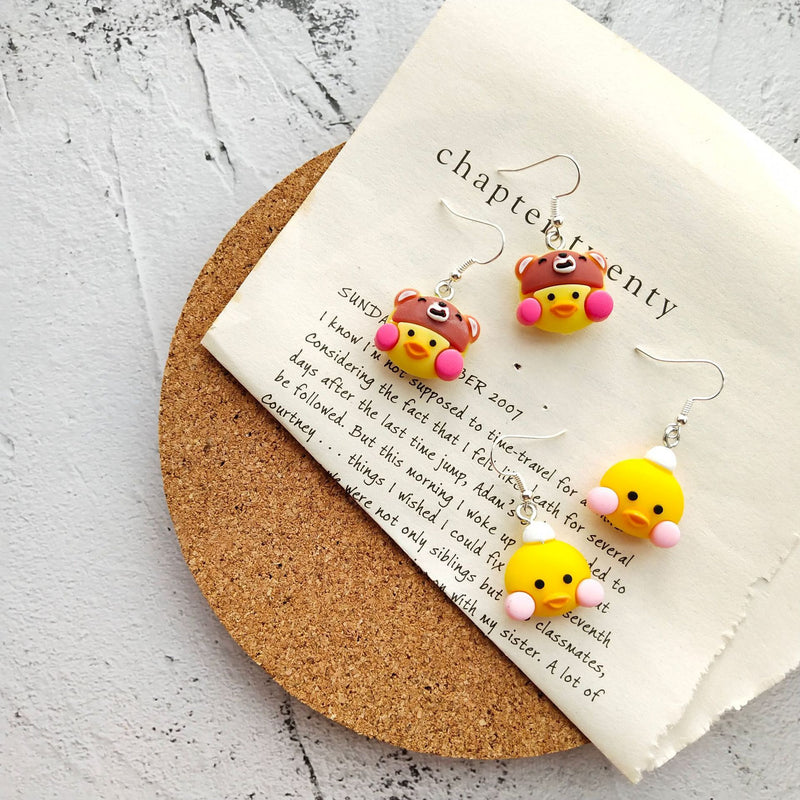 Cute little yellow duck S925 silver earrings cartoon soft cute two-piece set