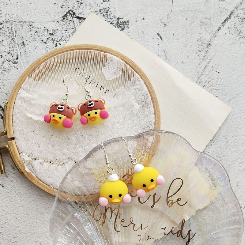 Cute little yellow duck S925 silver earrings cartoon soft cute two-piece set