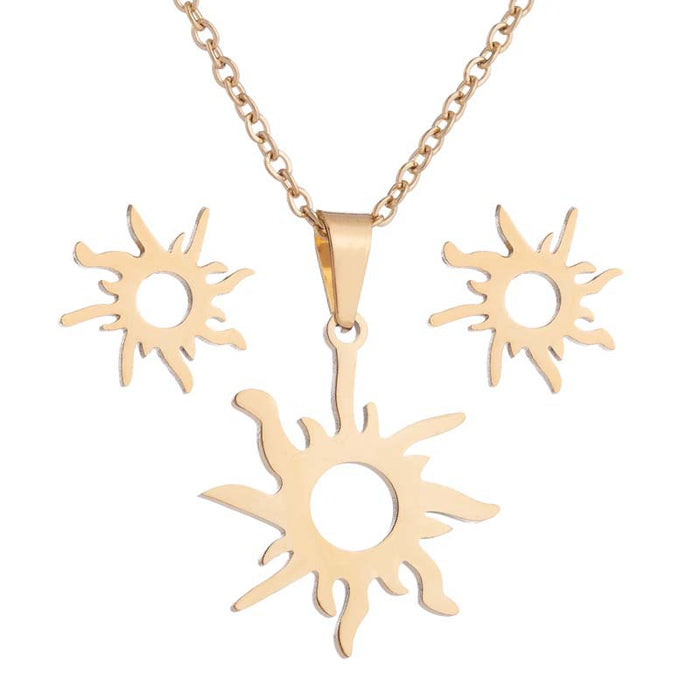 Conjunto de joyas del sistema solar: collar y pendientes con colgante de sol, sencillos y frescos