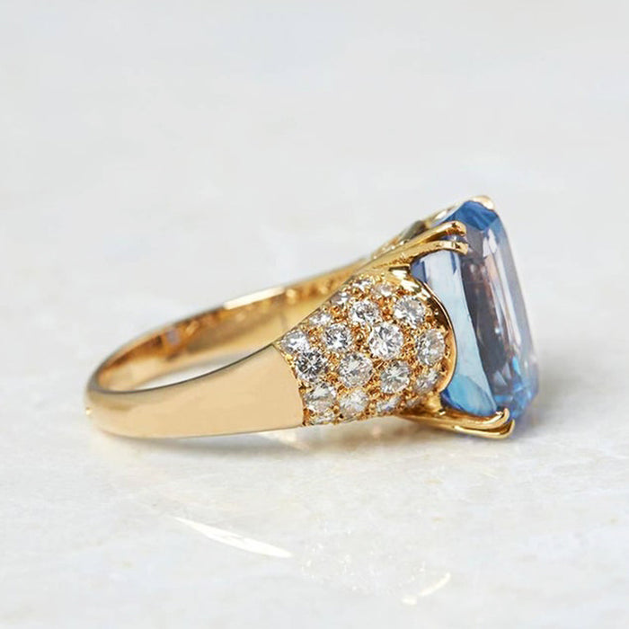 Anillo de cobre bañado en oro con circonita azul marino, anillo de moda con microincrustaciones