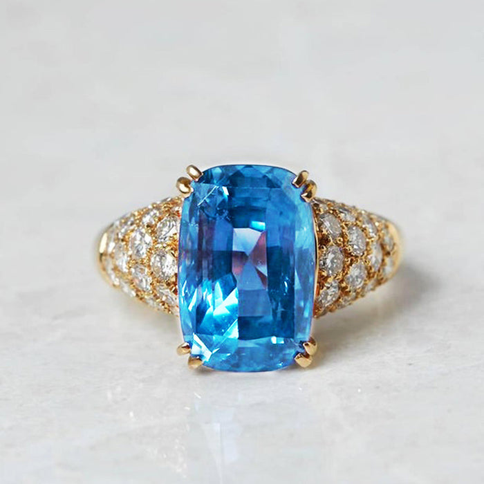 Anillo de cobre bañado en oro con circonita azul marino, anillo de moda con microincrustaciones