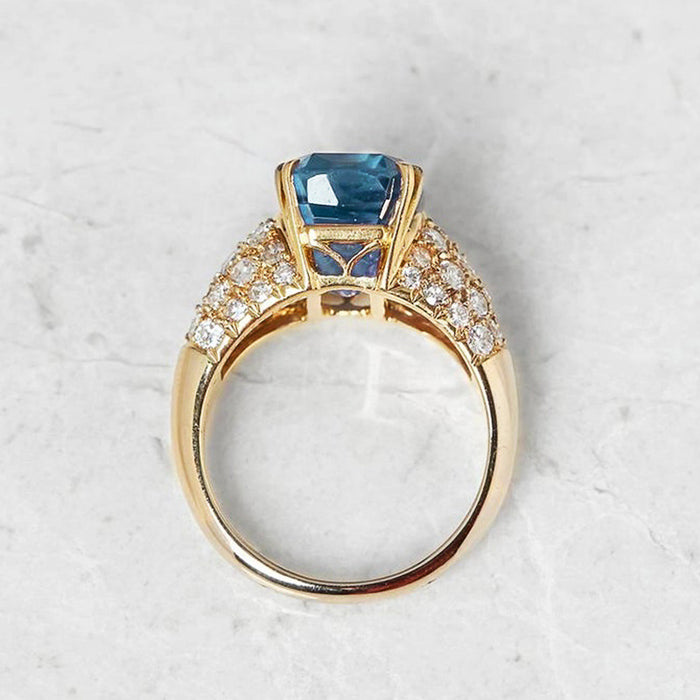 Anillo de cobre bañado en oro con circonita azul marino, anillo de moda con microincrustaciones