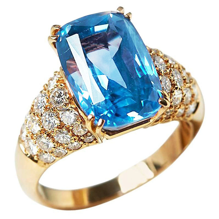 Anillo de cobre bañado en oro con circonita azul marino, anillo de moda con microincrustaciones