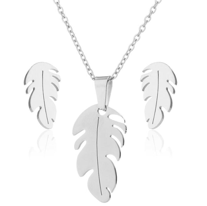 18K gold feather pendant necklace, new modern style small fresh leaf earrings jewelry set ins style