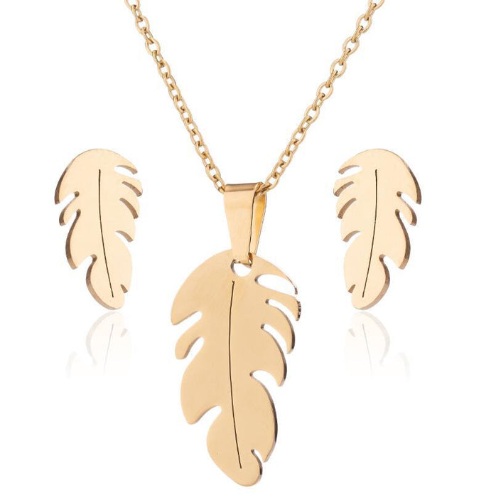 18K gold feather pendant necklace, new modern style small fresh leaf earrings jewelry set ins style