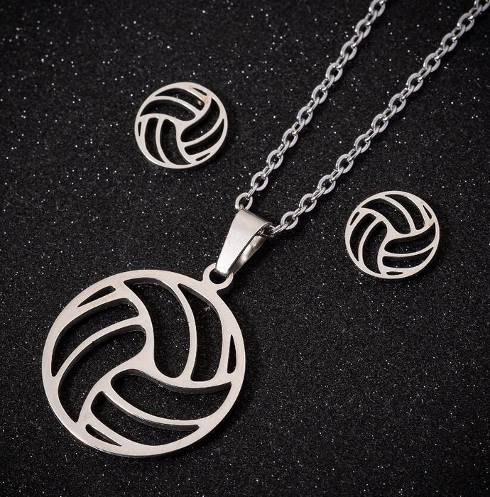 Conjunto de collar y pendientes de acero inoxidable unisex con diseño de voleibol: joyas deportivas para estilos de vida activos