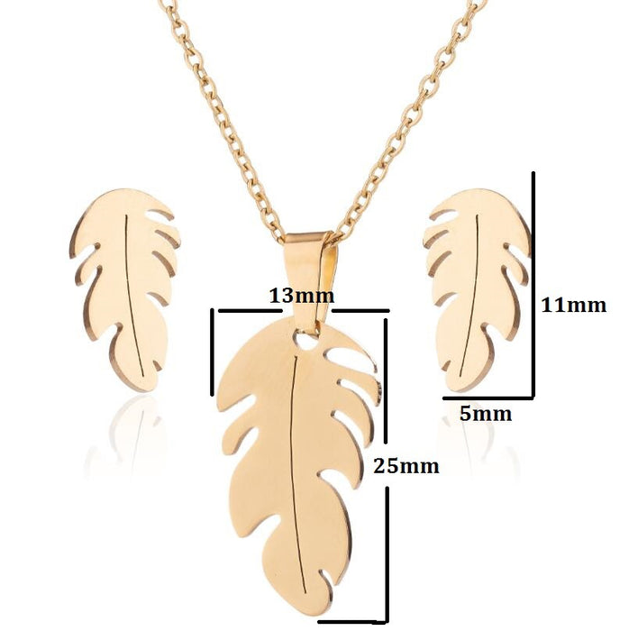 18K gold feather pendant necklace, new modern style small fresh leaf earrings jewelry set ins style