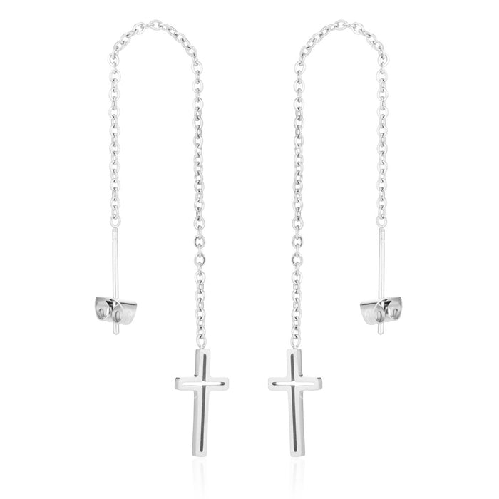 Cross and Tassel Stainless Steel Stud Earrings - Long Drop Earrings for a Bold Look