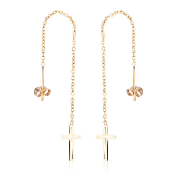 Cross and Tassel Stainless Steel Stud Earrings - Long Drop Earrings for a Bold Look