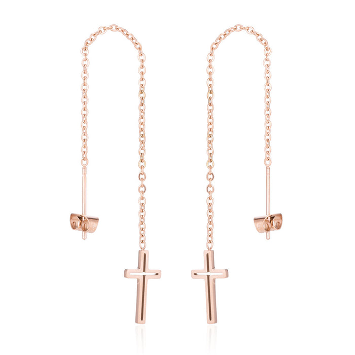 Cross and Tassel Stainless Steel Stud Earrings - Long Drop Earrings for a Bold Look