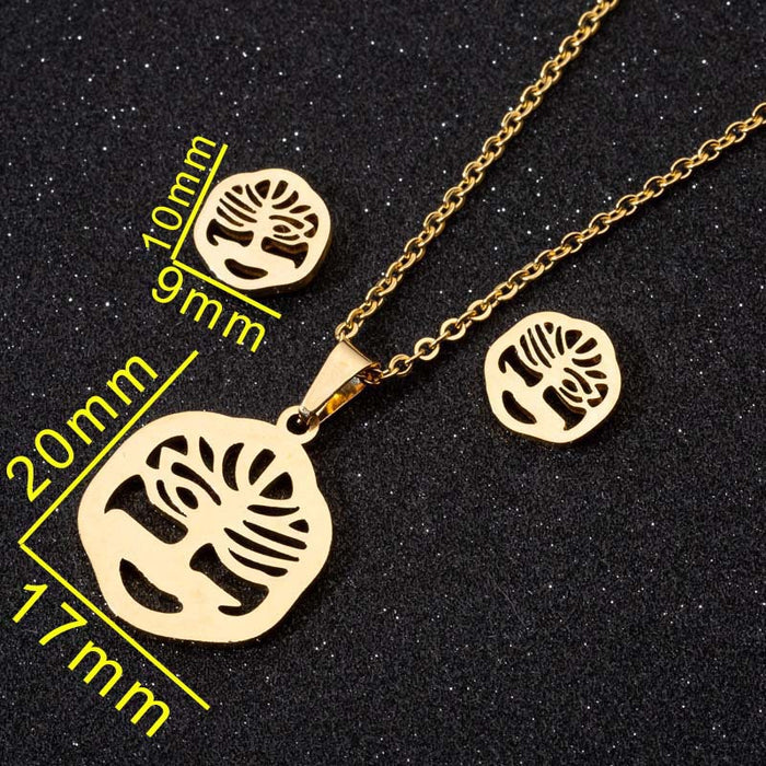 Coconut tree hollow pineapple paper crane necklace earrings three-piece set, stainless steel jewelry wholesale