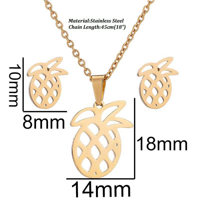 Coconut tree hollow pineapple paper crane necklace earrings three-piece set, stainless steel jewelry wholesale