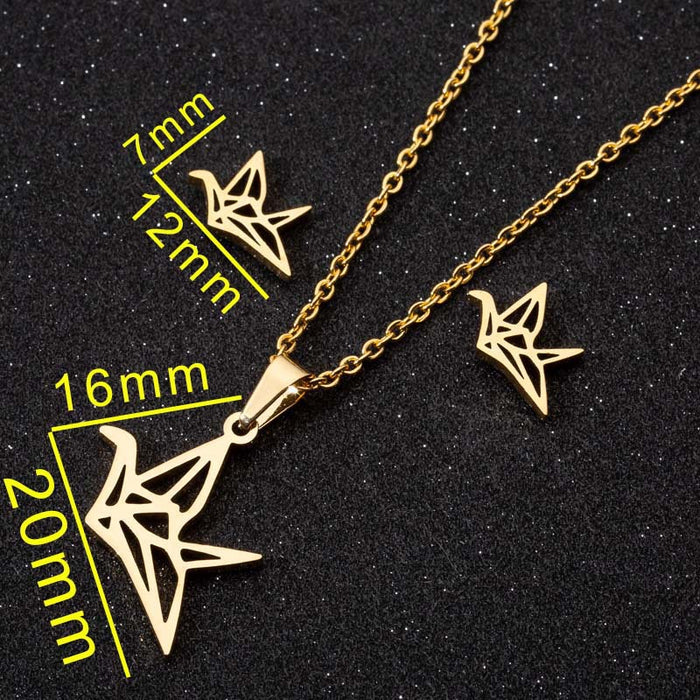 Coconut tree hollow pineapple paper crane necklace earrings three-piece set, stainless steel jewelry wholesale