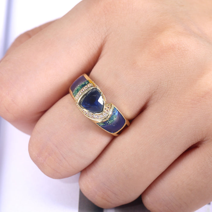 Anillo de diamantes de circonita con incrustaciones de piedras preciosas azules de moda europea y americana, joyería de diseño retro