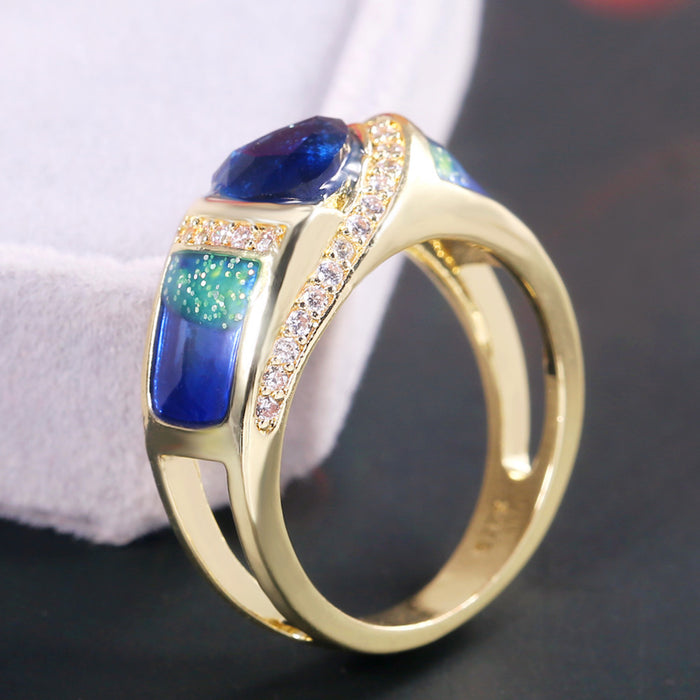 Anillo de diamantes de circonita con incrustaciones de piedras preciosas azules de moda europea y americana, joyería de diseño retro