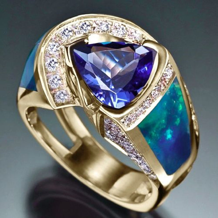 Anillo de diamantes de circonita con incrustaciones de piedras preciosas azules de moda europea y americana, joyería de diseño retro