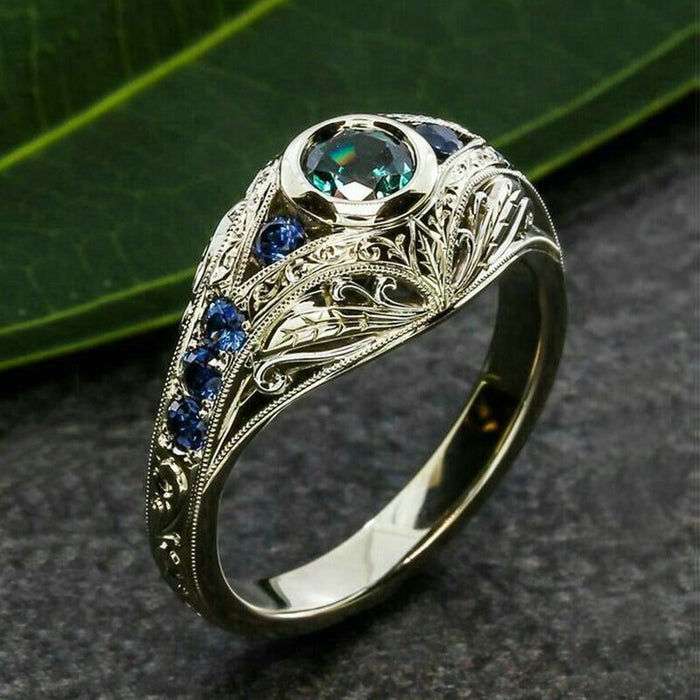 Hollow Carved Colorful Glass Diamond Ring Retro Foreign Trade Ring