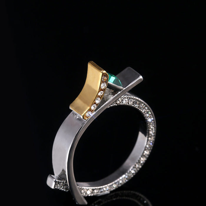 Princess square diamond ring with green crystal