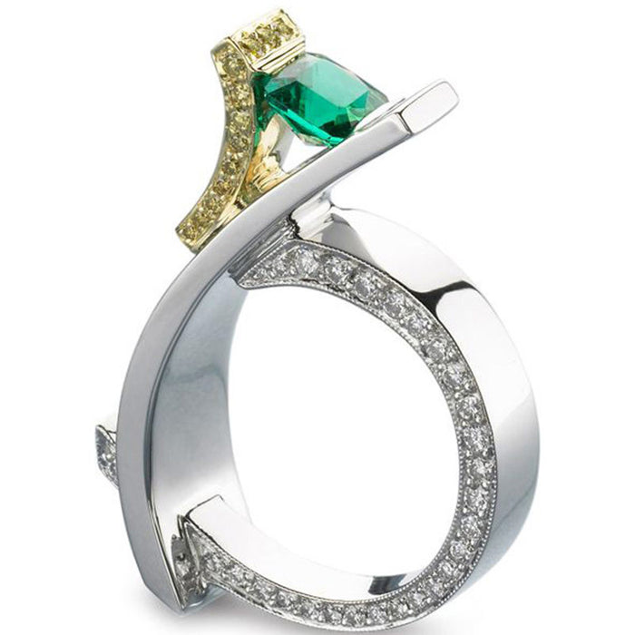 Princess square diamond ring with green crystal