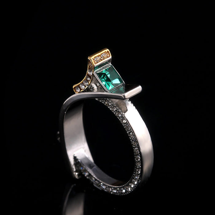 Princess square diamond ring with green crystal