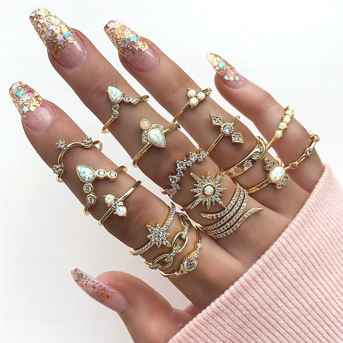 Bohemian Water Drop Rhinestone Rings - 7pcs Set