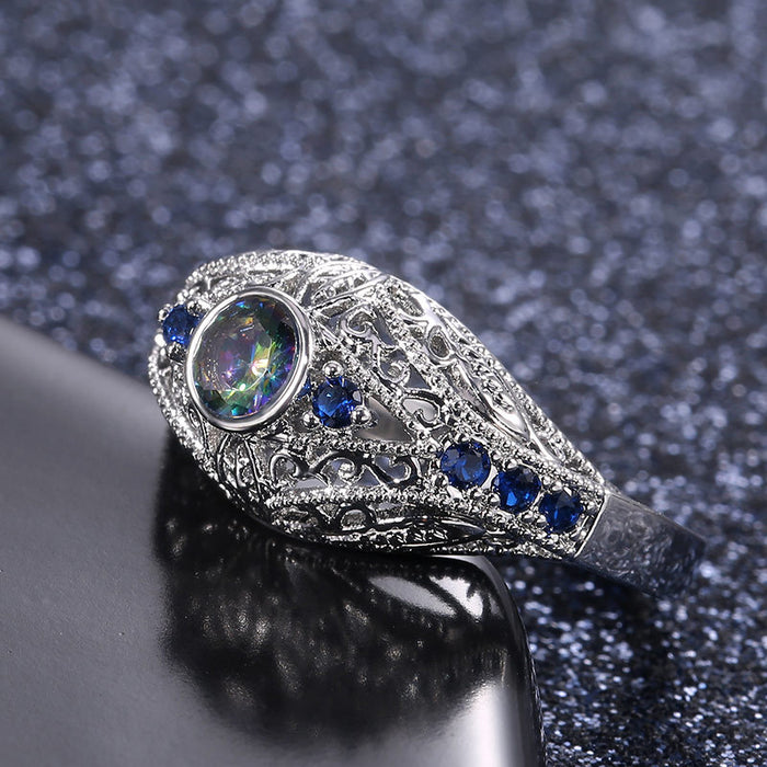 Hollow Carved Colorful Glass Diamond Ring Retro Foreign Trade Ring