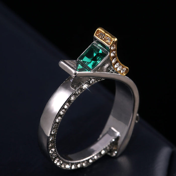 Princess square diamond ring with green crystal