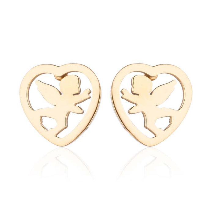 Heart and Angel Wing Stainless Steel Stud Earrings - Cute and Stylish Jewelry