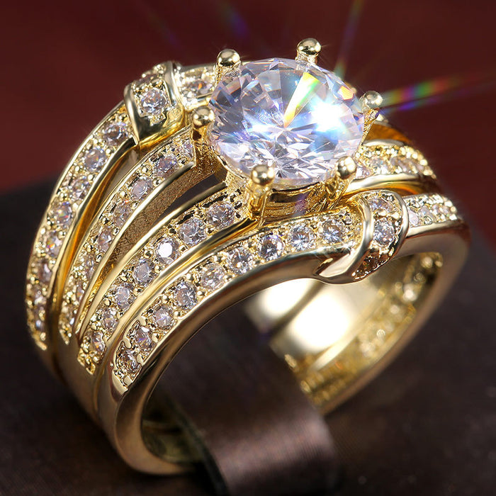 Anillo de tres piezas de circonita para mujer, diseño de incrustaciones exquisito.