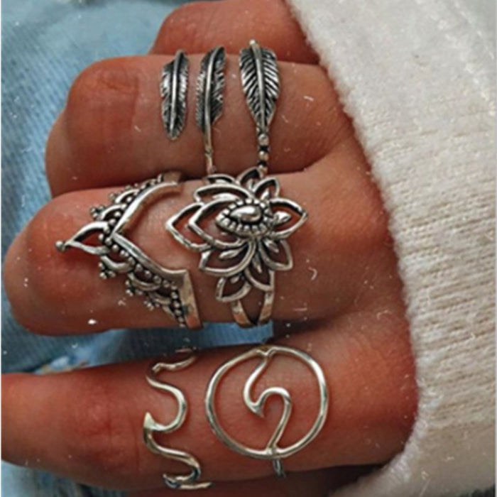 Lotus Leaf Crown Rings - 6pcs Set