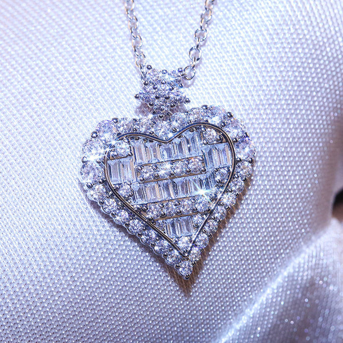 Heart-shaped full zircon T-square necklace, engagement clavicle chain