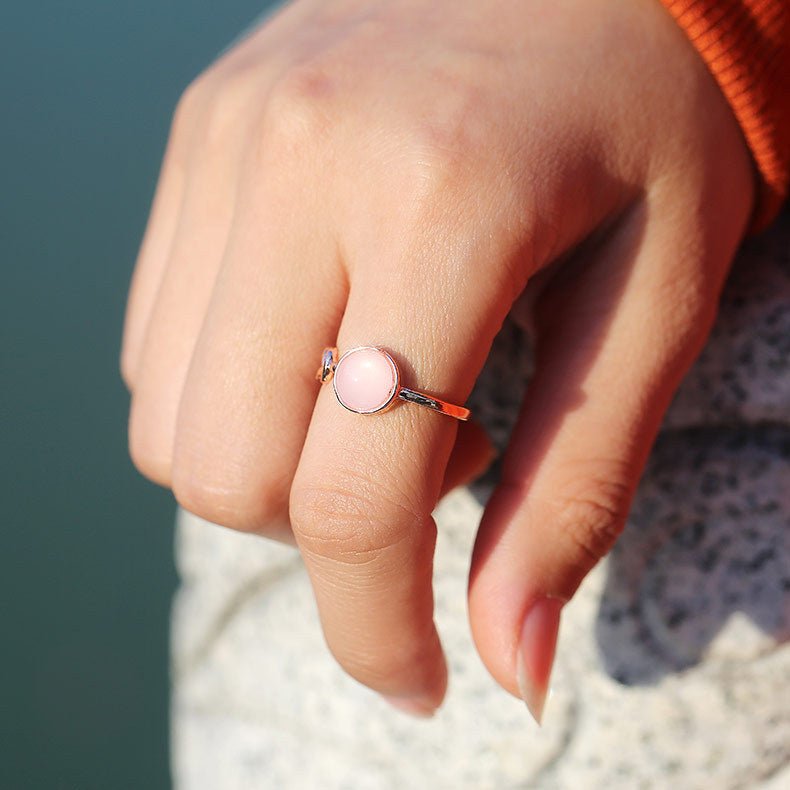 Anillo de dedo índice de mujer con piedra lunar de imitación rosa, diseño abierto de moda