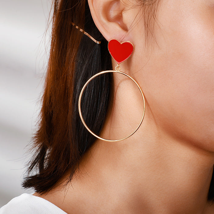 Pendientes de corazón de moda, pendientes de círculo grande con corazón rojo