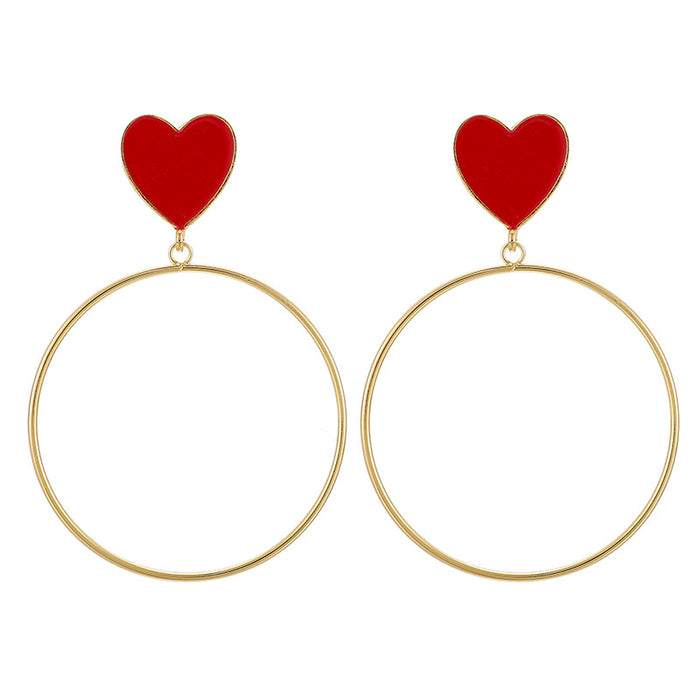 Pendientes de corazón de moda, pendientes de círculo grande con corazón rojo