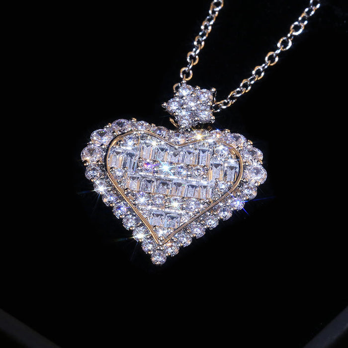 Heart-shaped full zircon T-square necklace, engagement clavicle chain