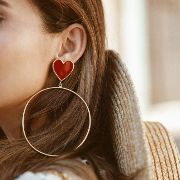 Pendientes de corazón de moda, pendientes de círculo grande con corazón rojo