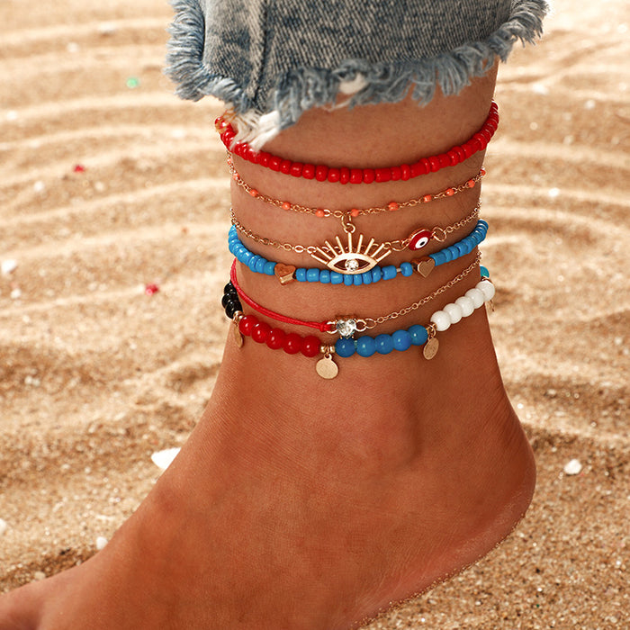 Trendy Leaf Drop Multi-Layer Anklet - Colorful Eye Heart Foot Jewelry Set