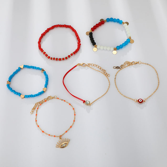 Trendy Leaf Drop Multi-Layer Anklet - Colorful Eye Heart Foot Jewelry Set