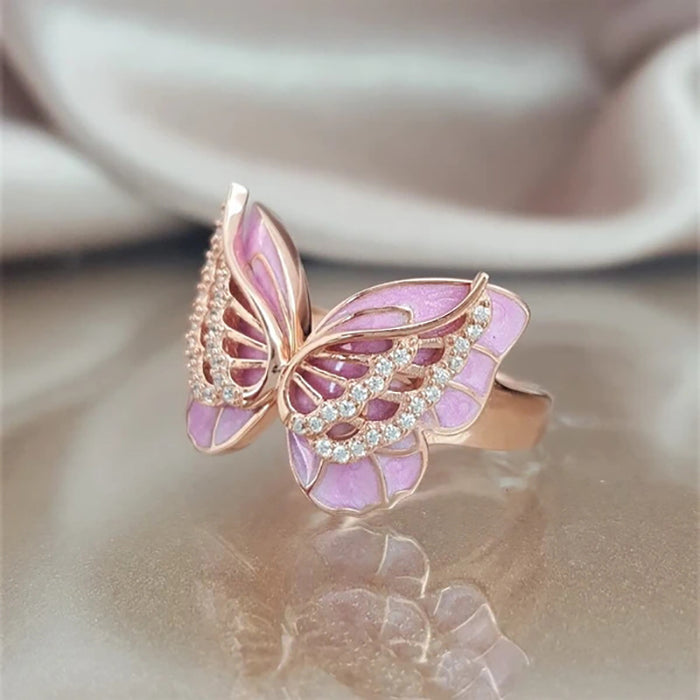 Beautiful diamond enamel colorful butterfly ring